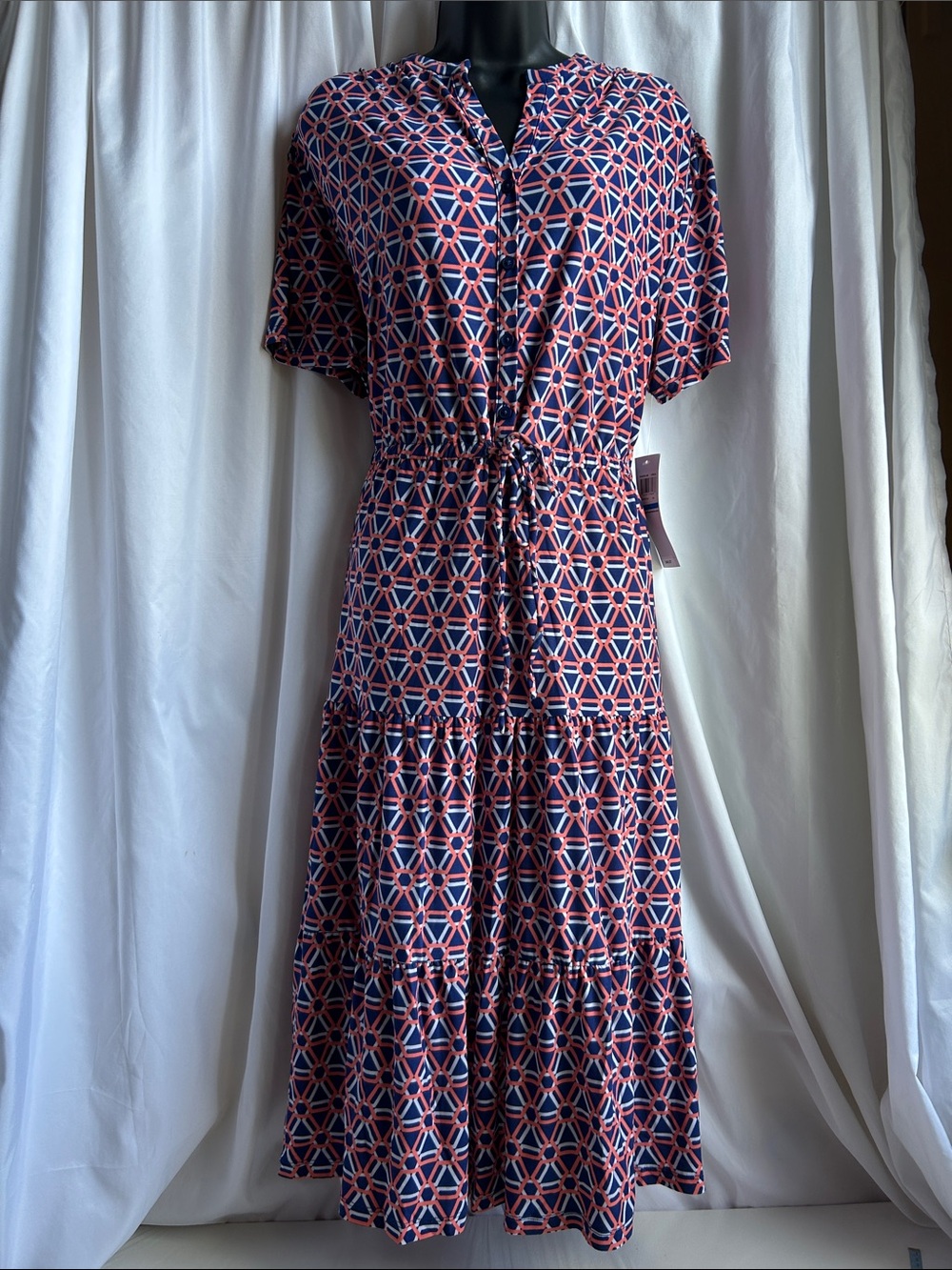 London Times Navy and Pink Geometric Tie-Front 3 Tier Midi Dress